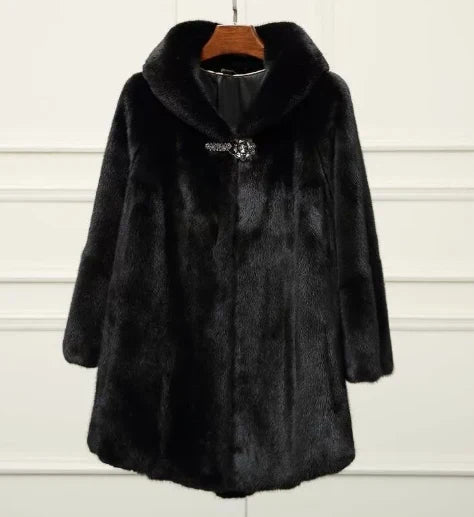 Women's black faux fur coat with shawl collar and curved hem