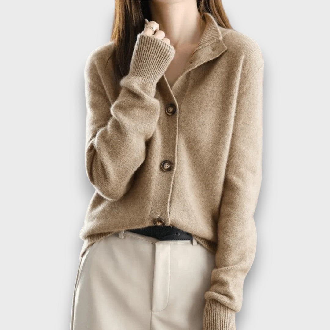 Women's button front cardigan with notched collar and long sleeves