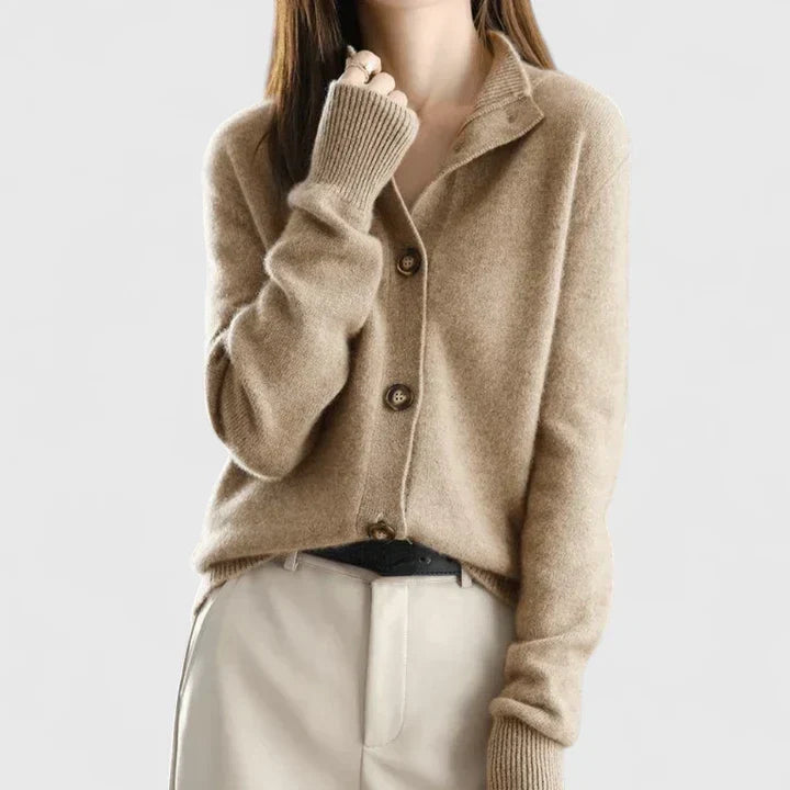 Women's collared knit cardigan with long sleeves and button front