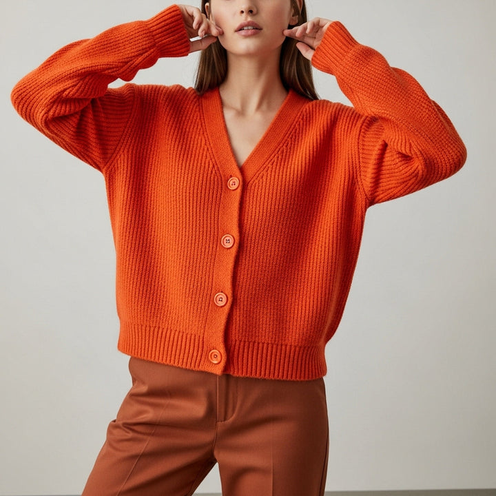 Women's ribbed knit cardigan with V-neck, long sleeves and button front