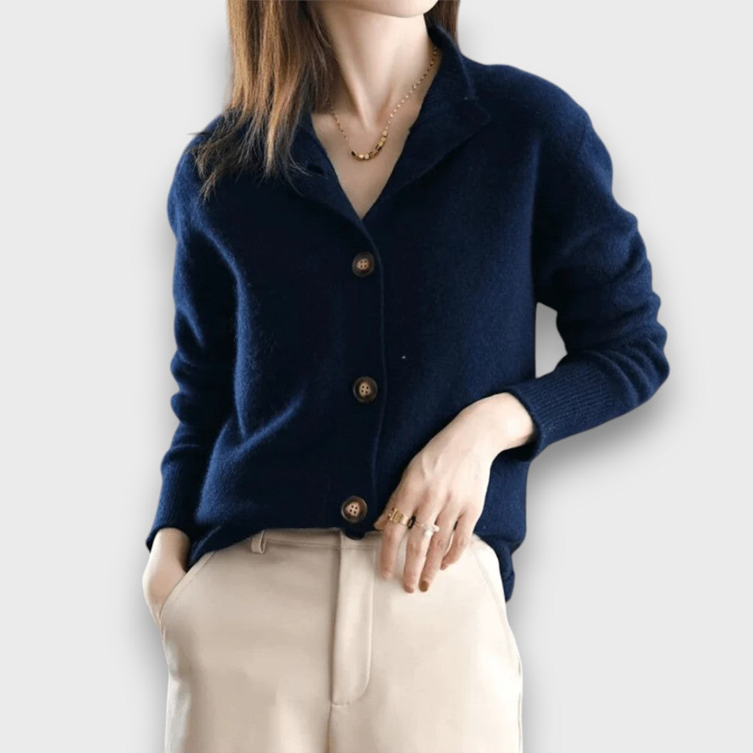 Women's button front cardigan with notched collar and long sleeves