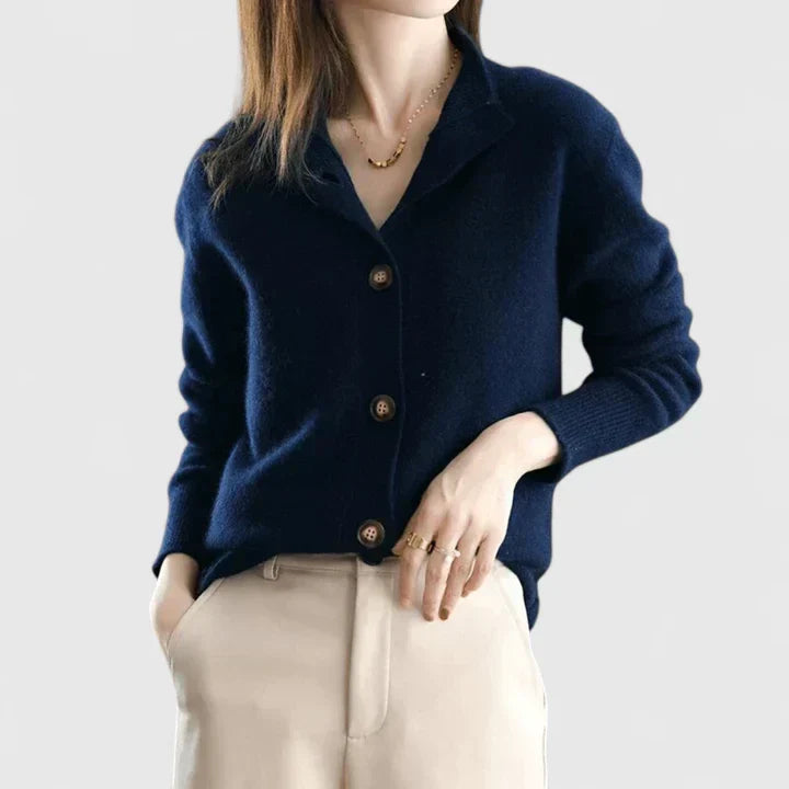 Women's collared button-front cardigan with long sleeves and ribbed trims