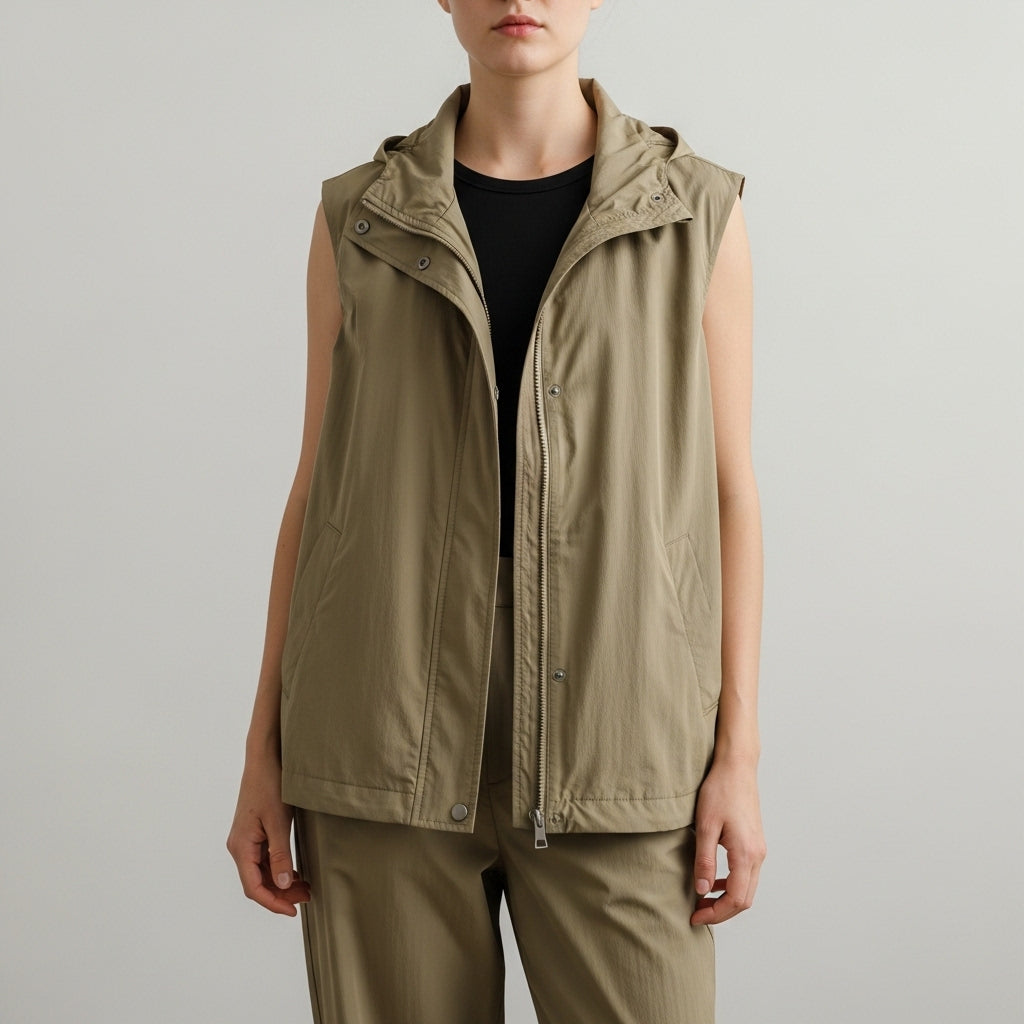 Women's sleeveless hooded utility vest with zip front and side pockets