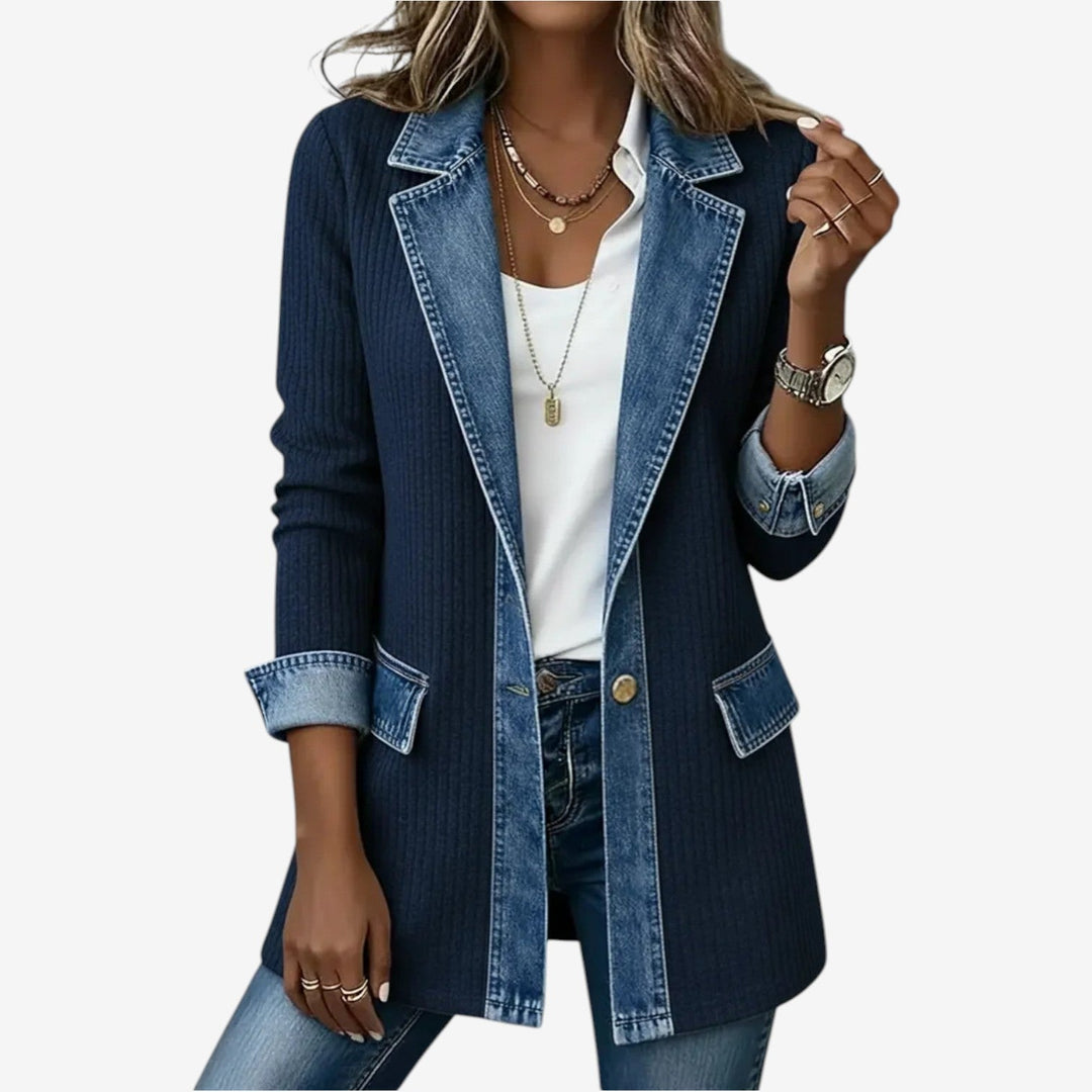 Women's longline knit jacket with denim trim and patterned panels