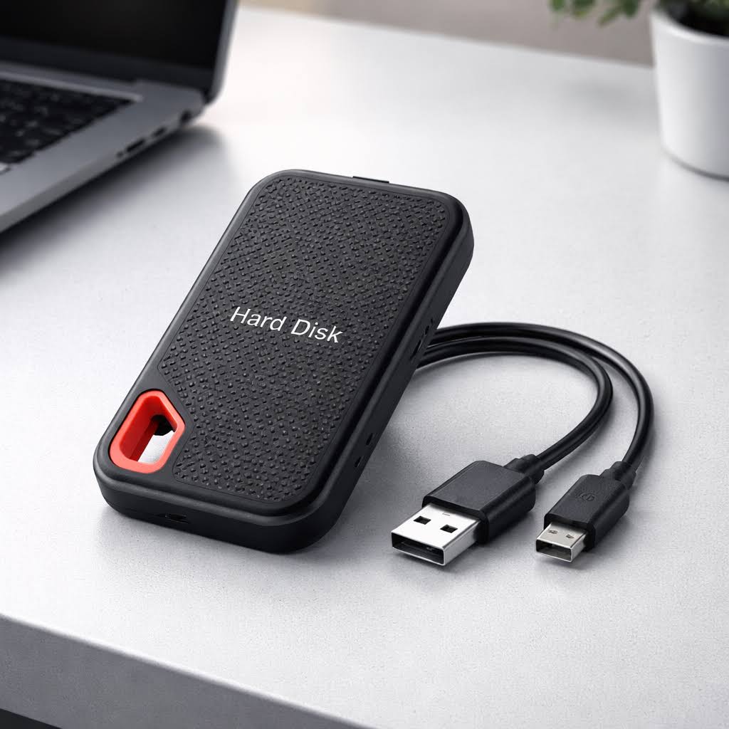 Black portable external SSD with red carry handle and USB cable