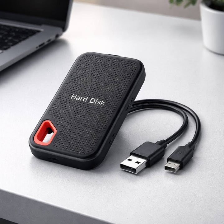 Black portable external SSD with red carry handle and USB cable