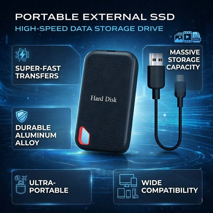 Black portable external SSD with red carry handle and USB cable
