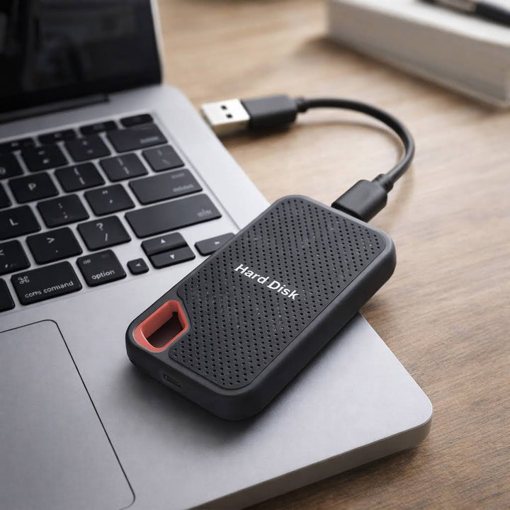 Black portable external SSD with red carry handle and USB cable
