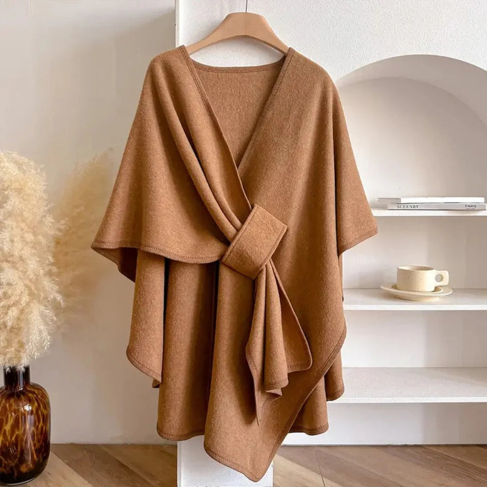 Long tie front poncho scarf with open V-neckline and short cape sleeves