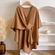 Long tie front poncho scarf with open V-neckline and short cape sleeves
