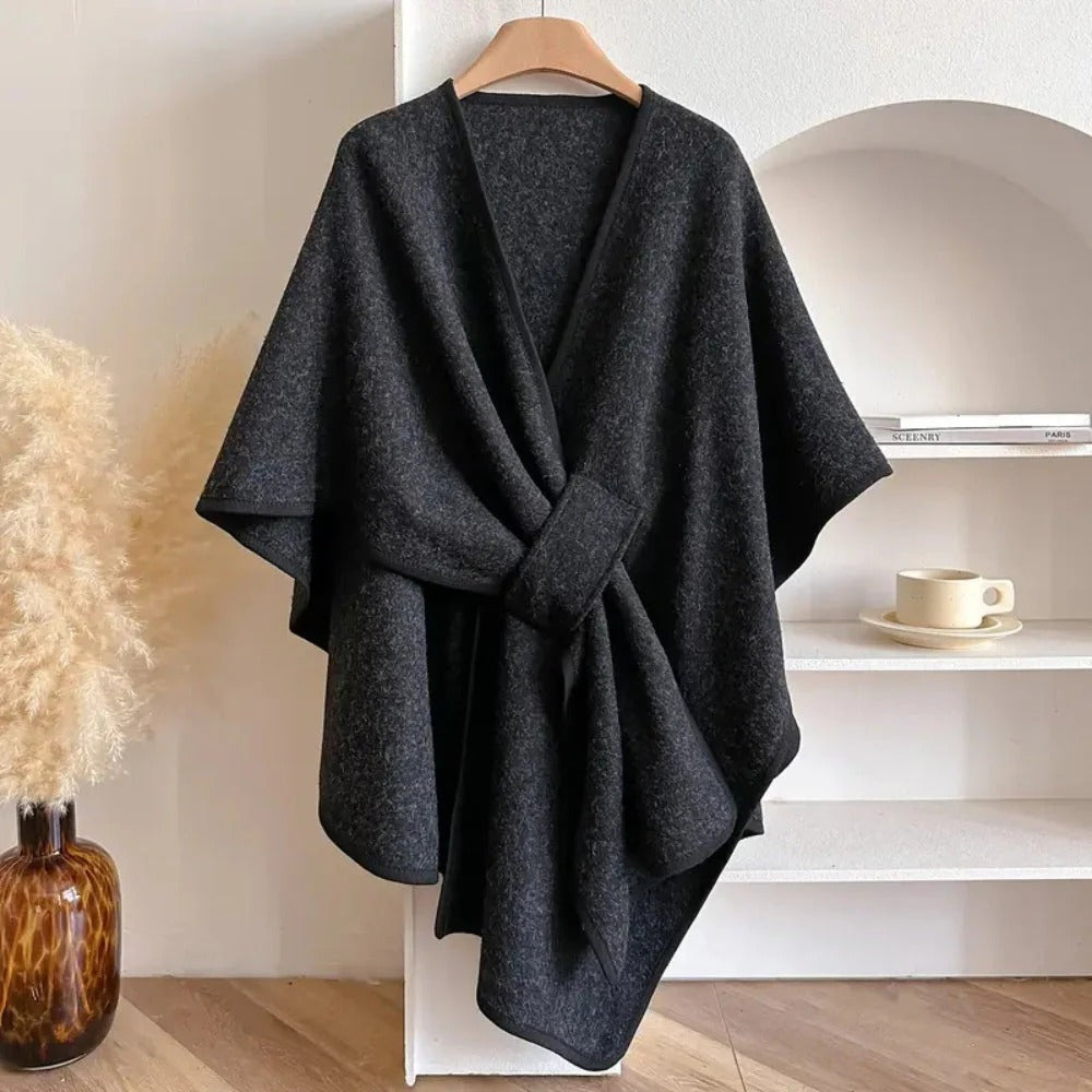 Long tie front poncho scarf with open V-neckline and short cape sleeves