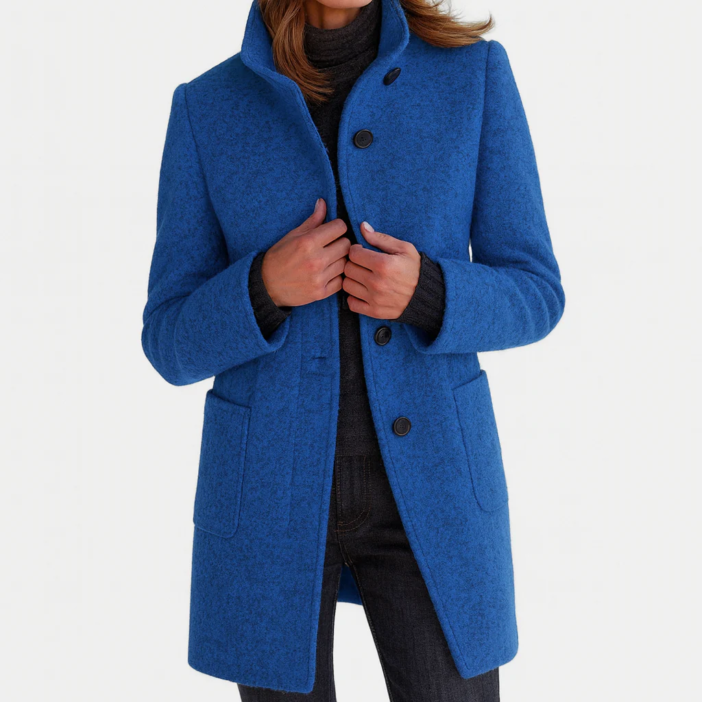 Women's long button-front coat with raised collar and front patch pockets