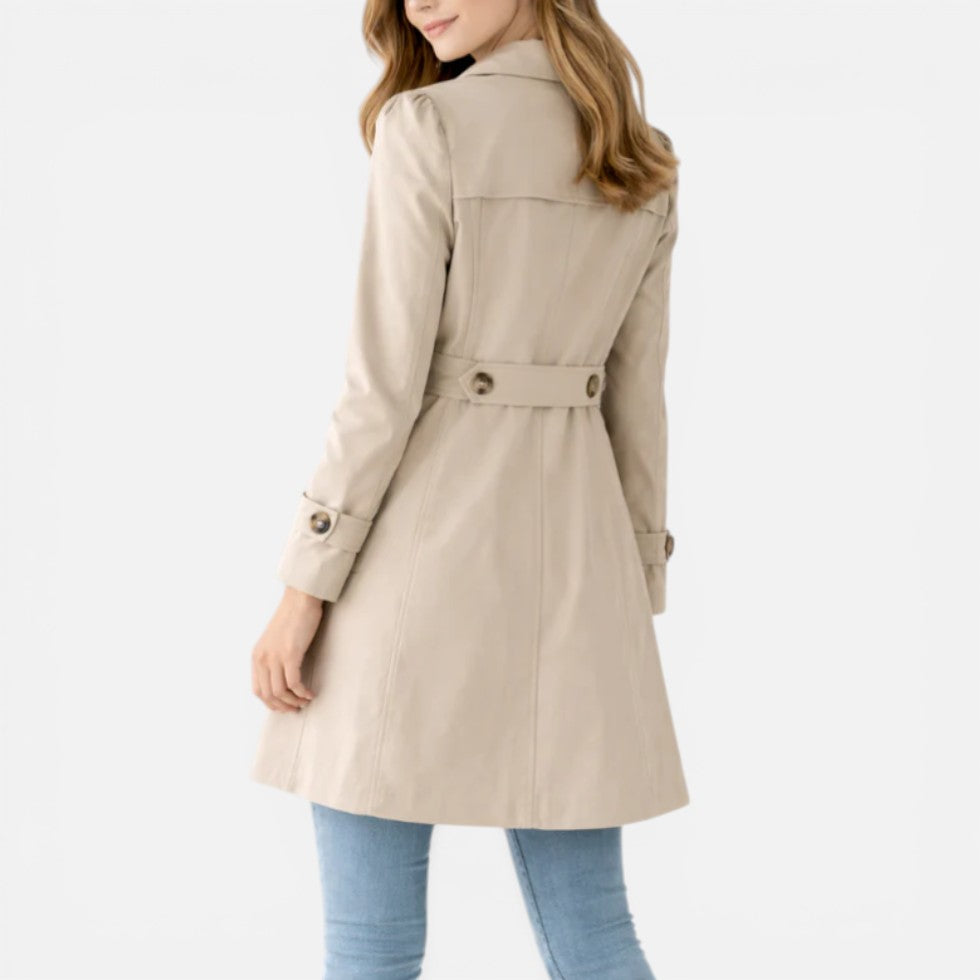 Women's long double-breasted trench coat with belt and cuff tabs