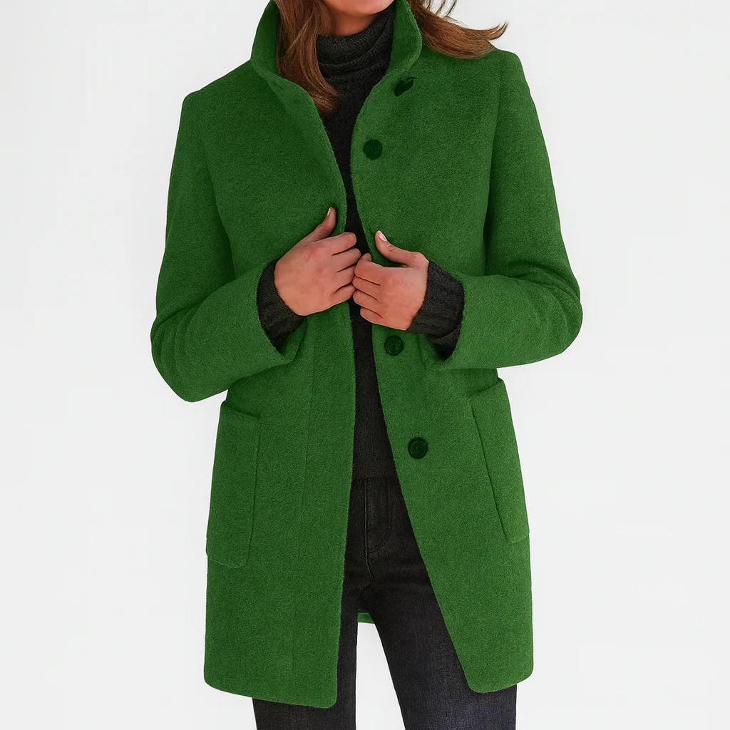 Women's long button-front coat with raised collar and front patch pockets