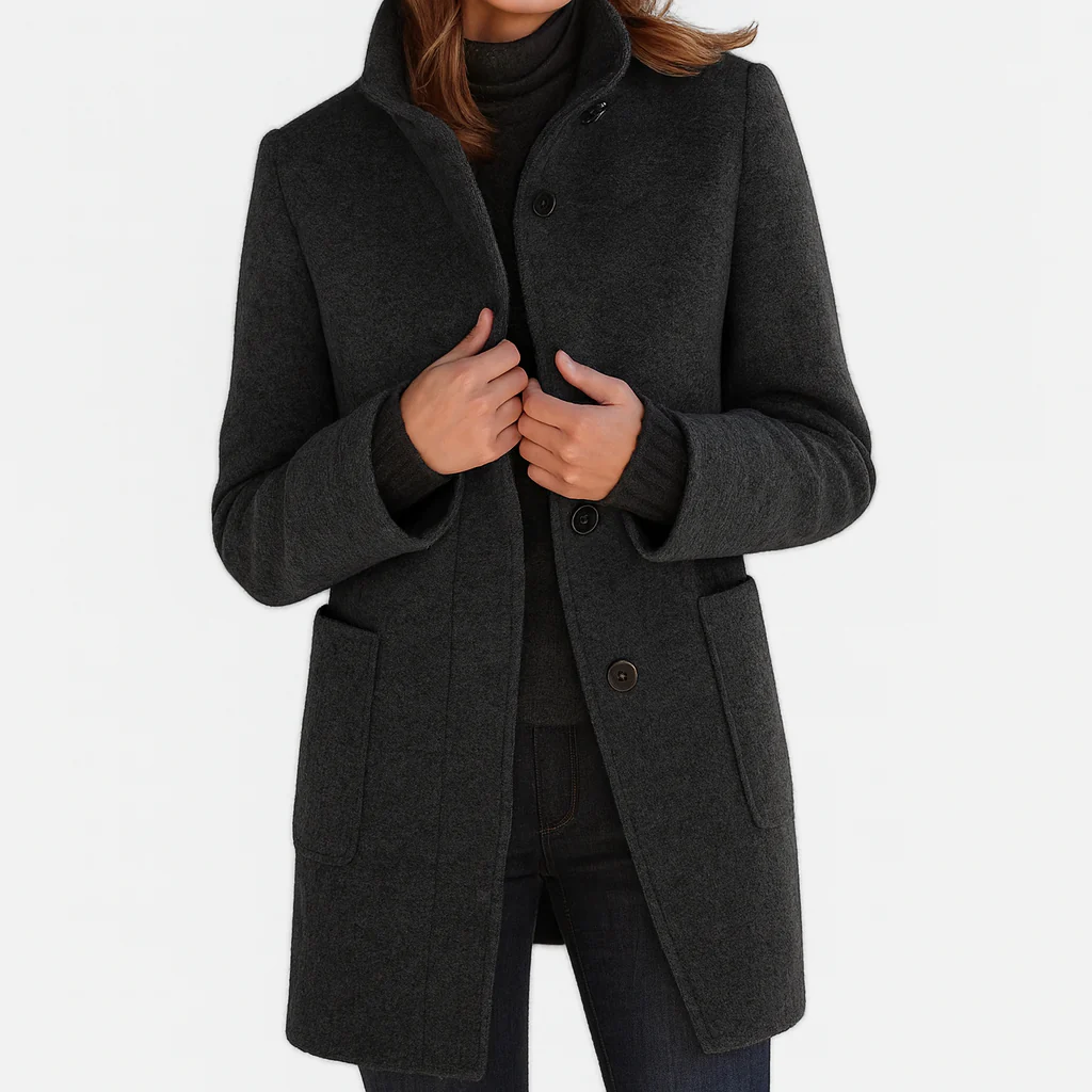 Women's long button-front coat with raised collar and front patch pockets