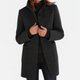 Women's long button-front coat with raised collar and front patch pockets