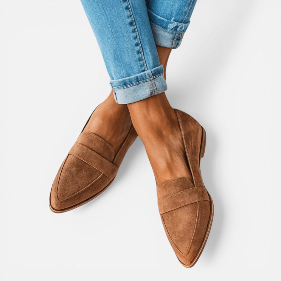 Women's pointed toe loafers with vamp strap and low heel