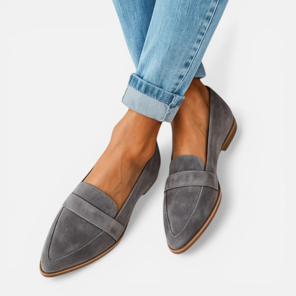Women's pointed toe loafers with vamp strap and low heel