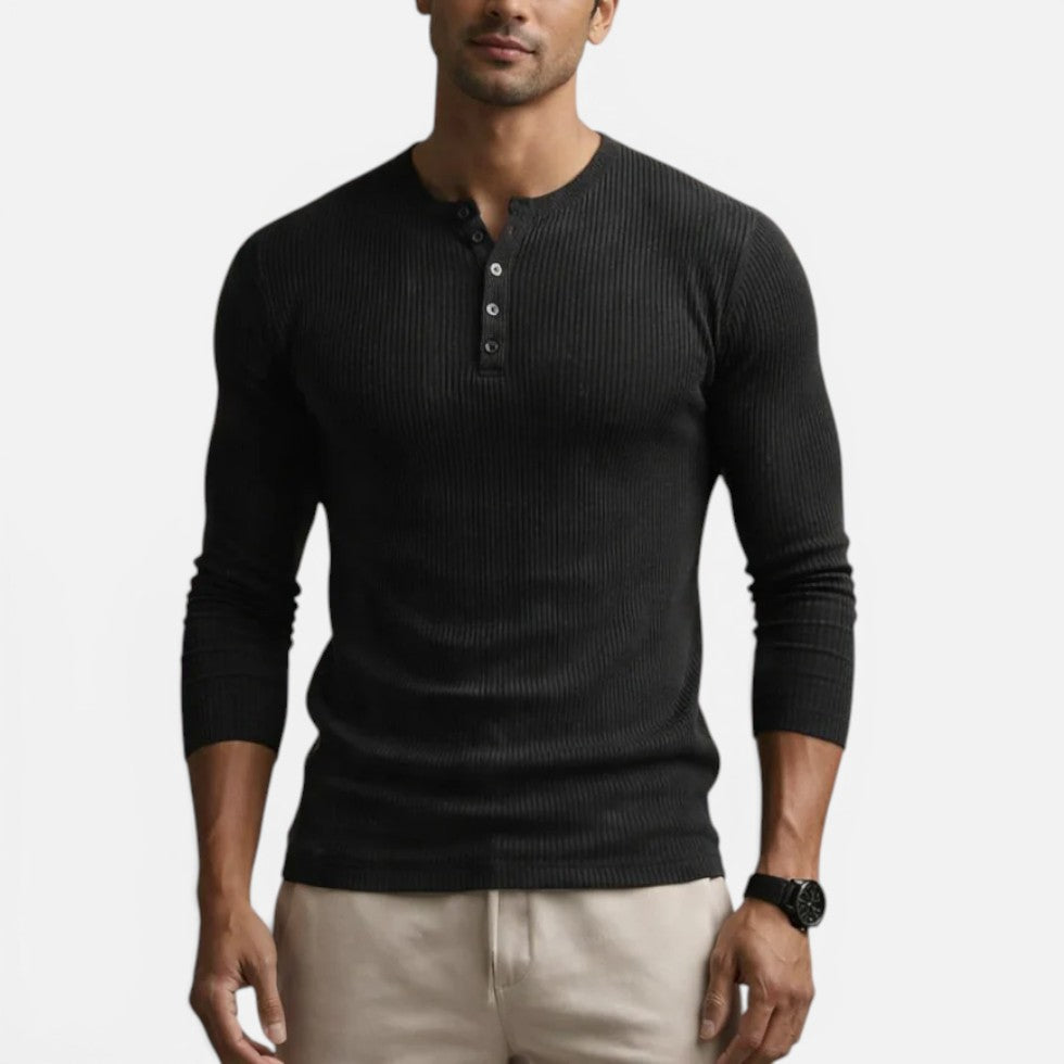 Men's ribbed long sleeve shirt with crew neckline and button placket