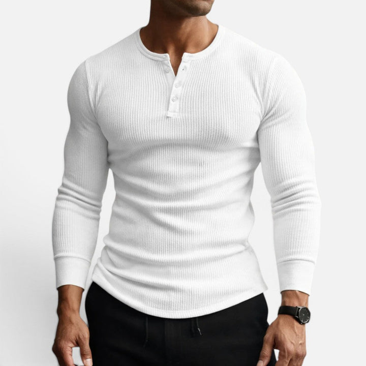 Men's ribbed long sleeve shirt with crew neckline and button placket