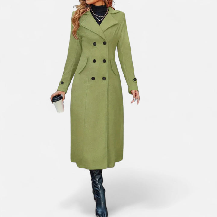 Women's long double-breasted coat with notched lapels, button front and curved flap pockets