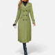 Women's long double-breasted coat with notched lapels, button front and curved flap pockets