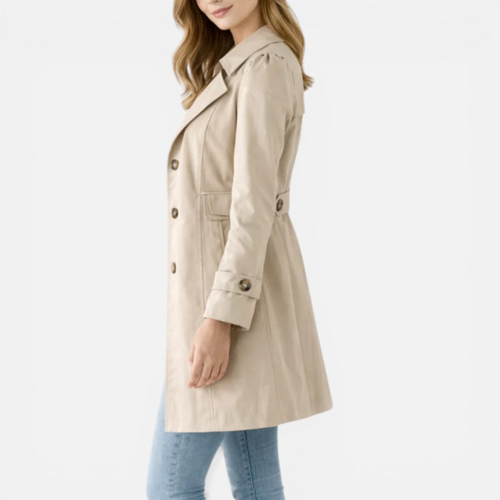 Women's long double-breasted trench coat with belt and cuff tabs