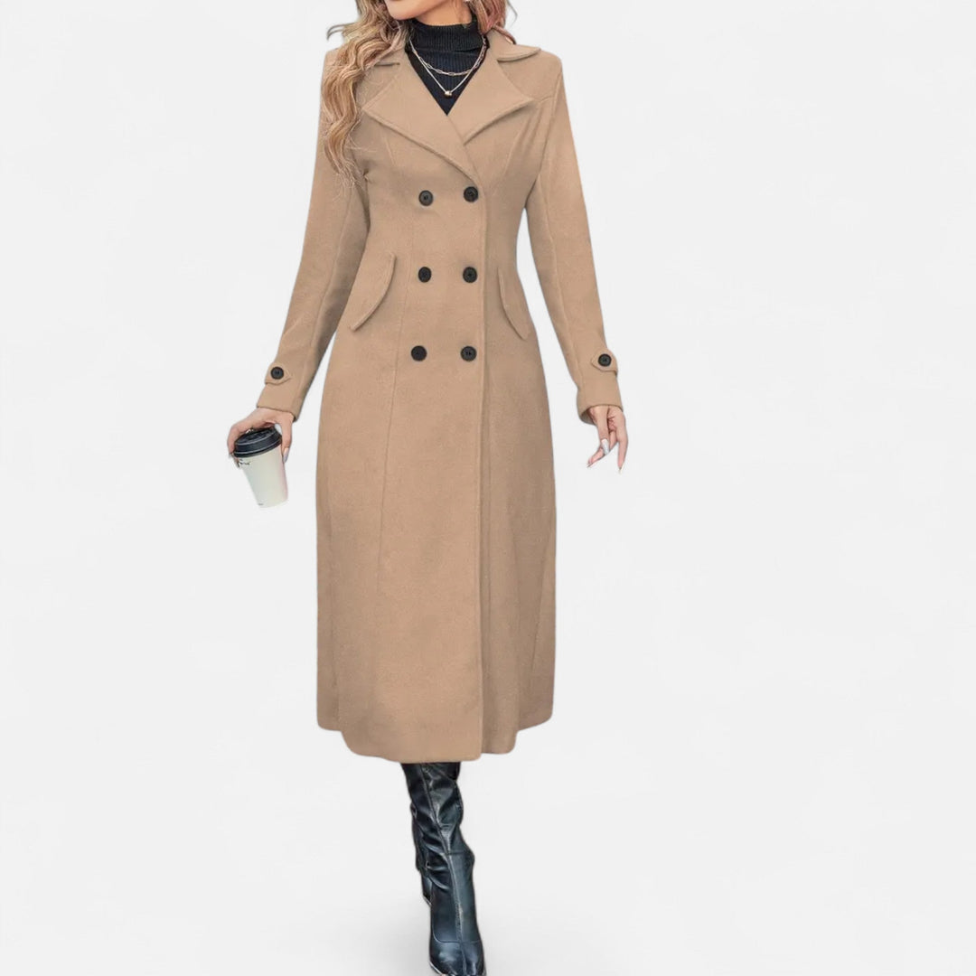 Women's long double-breasted coat with notched lapels, button front and curved flap pockets