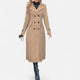 Women's long double-breasted coat with notched lapels, button front and curved flap pockets