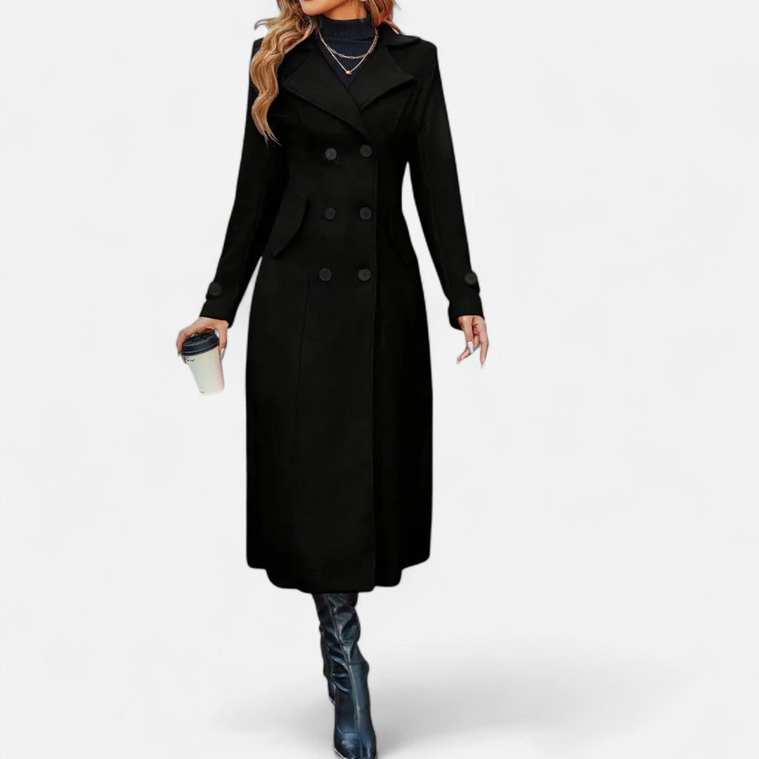 Women's long double-breasted coat with notched lapels, button front and curved flap pockets
