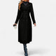 Women's long double-breasted coat with notched lapels, button front and curved flap pockets