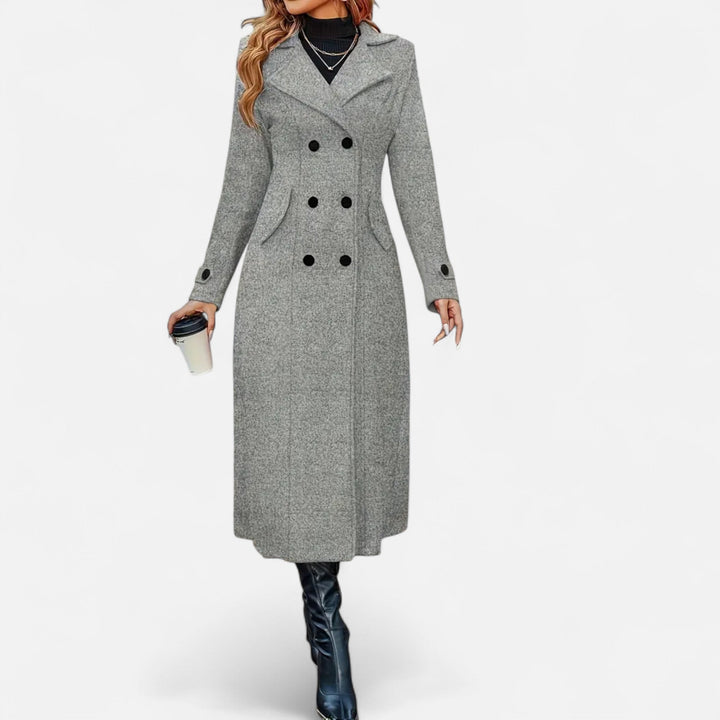 Women's long double-breasted coat with notched lapels, button front and curved flap pockets