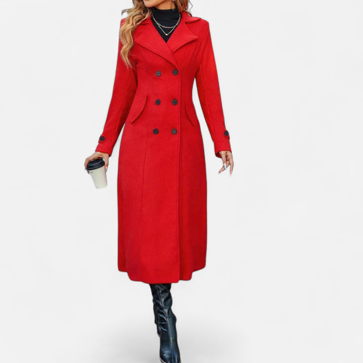 Women's long double-breasted coat with notched lapels, button front and curved flap pockets