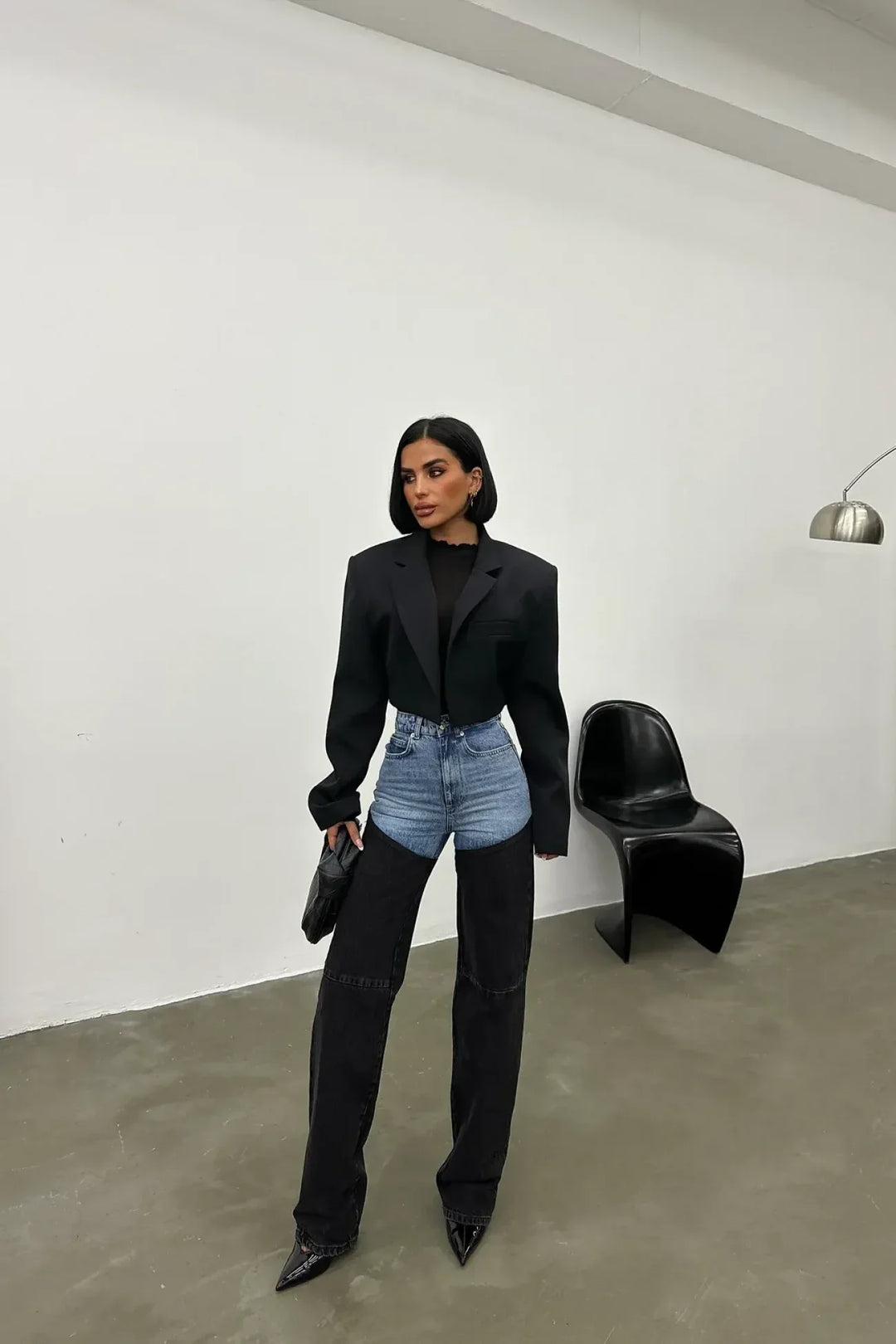 Women's two-tone blue and black high-rise straight-leg jeans