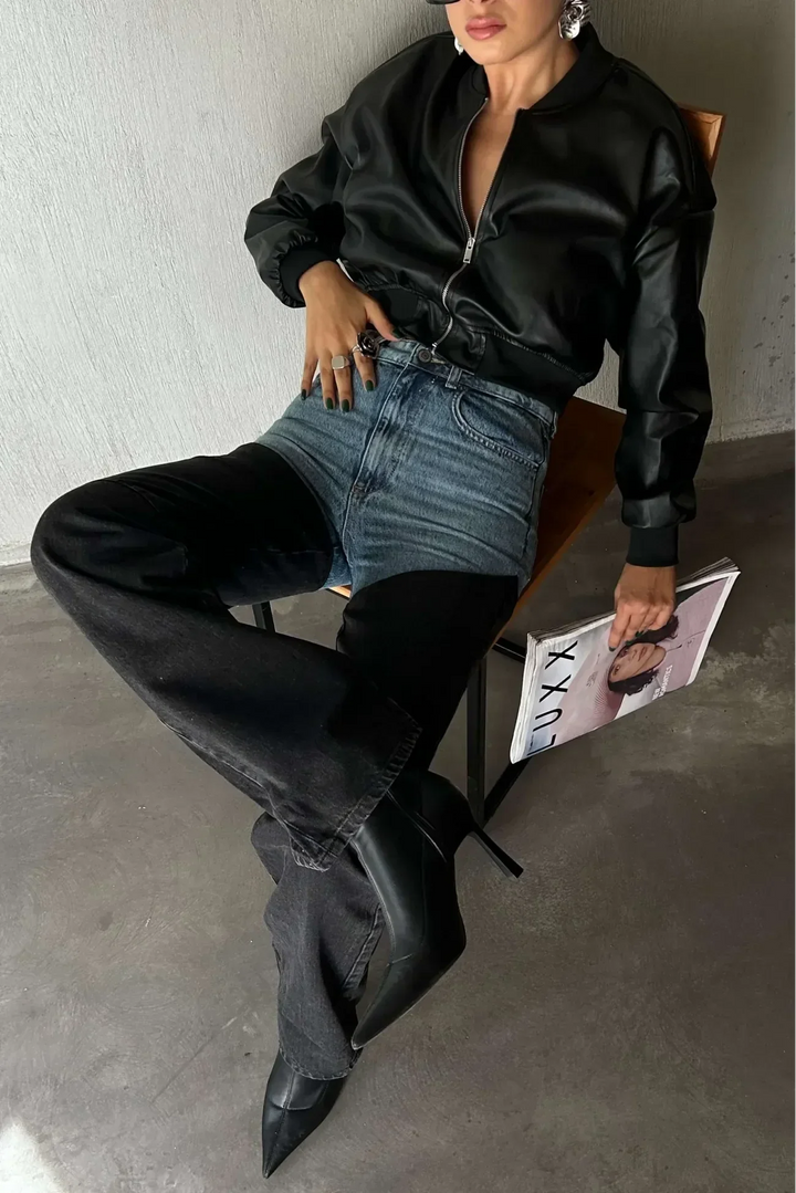 Women's two-tone blue and black high-rise straight-leg jeans