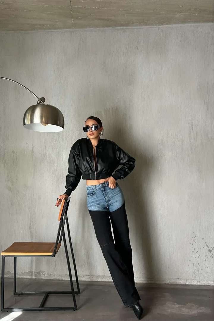 Women's two-tone blue and black high-rise straight-leg jeans