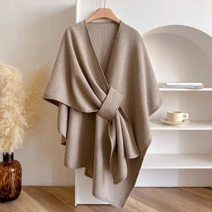 Long tie front poncho scarf with open V-neckline and short cape sleeves