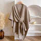 Long tie front poncho scarf with open V-neckline and short cape sleeves