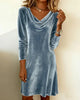 Women's velvet mini dress with draped cowl neckline and long sleeves
