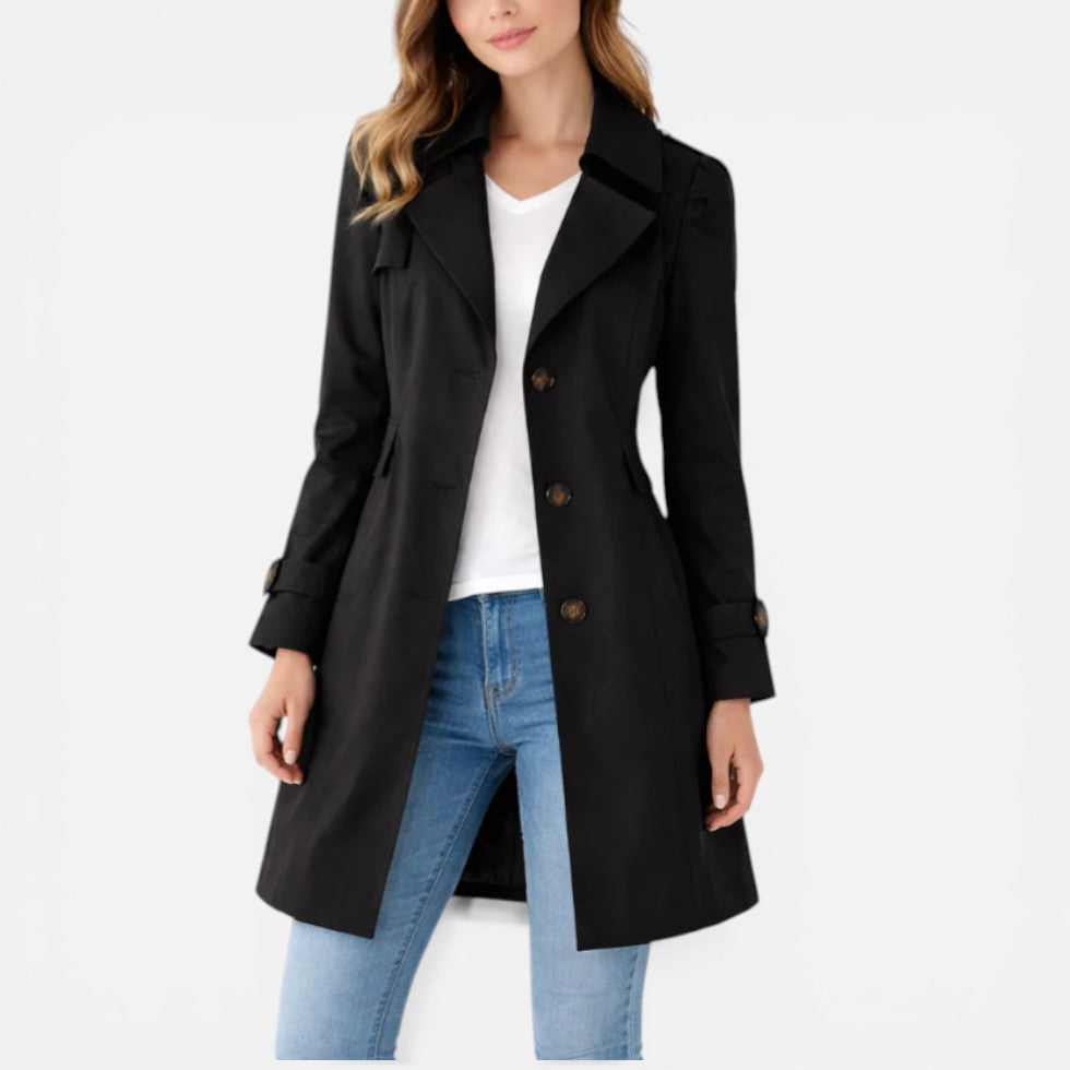 Women's long double-breasted trench coat with belt and cuff tabs