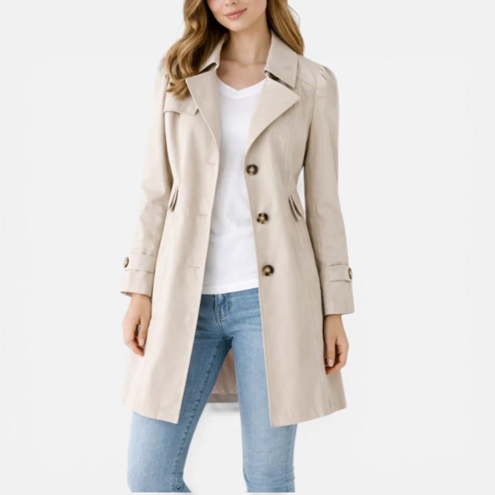 Women's long double-breasted trench coat with belt and cuff tabs
