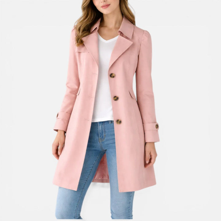 Women's long double-breasted trench coat with belt and cuff tabs
