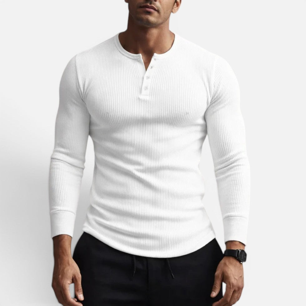 Men's ribbed long sleeve shirt with crew neckline and button placket