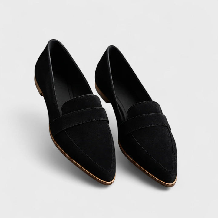 Women's black pointed-toe penny loafers with low heels