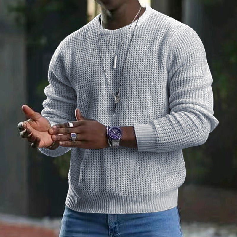 Men's textured crew neck knit sweater with long sleeves and ribbed trims