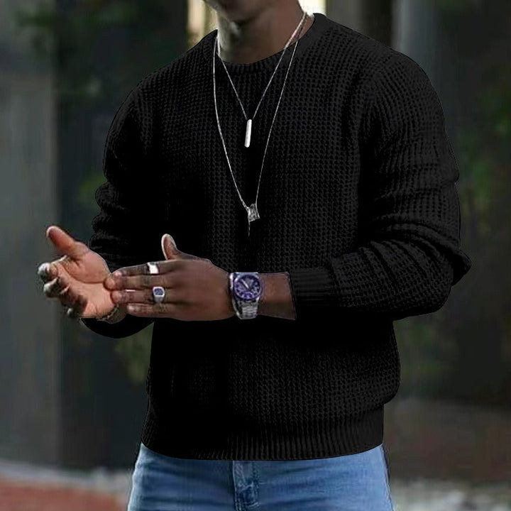 Men's textured crew neck knit sweater with long sleeves and ribbed trims