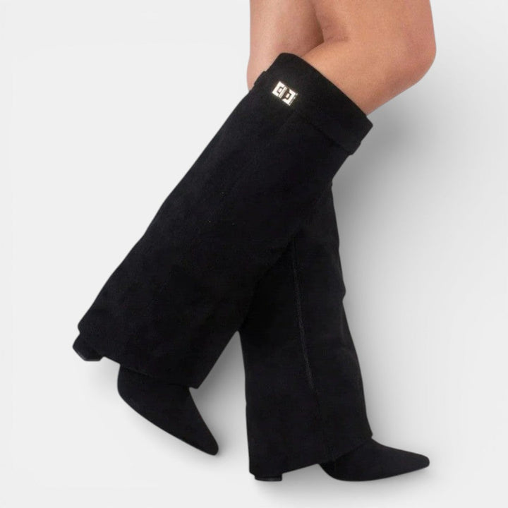 Women's knee-high pointed-toe boots with block heels