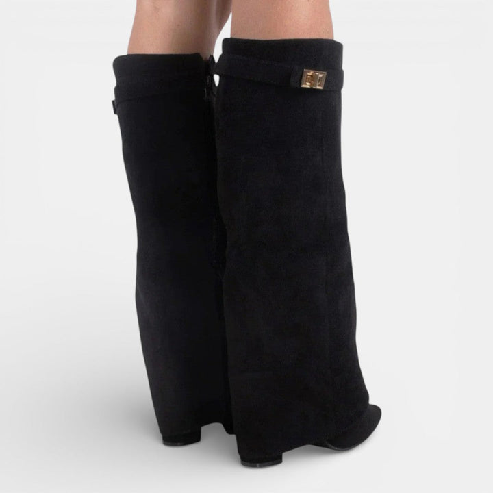 Women's knee-high pointed-toe boots with block heels