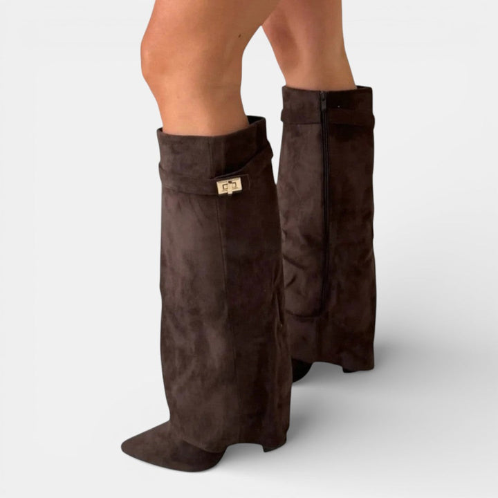 Women's knee-high pointed-toe boots with block heels