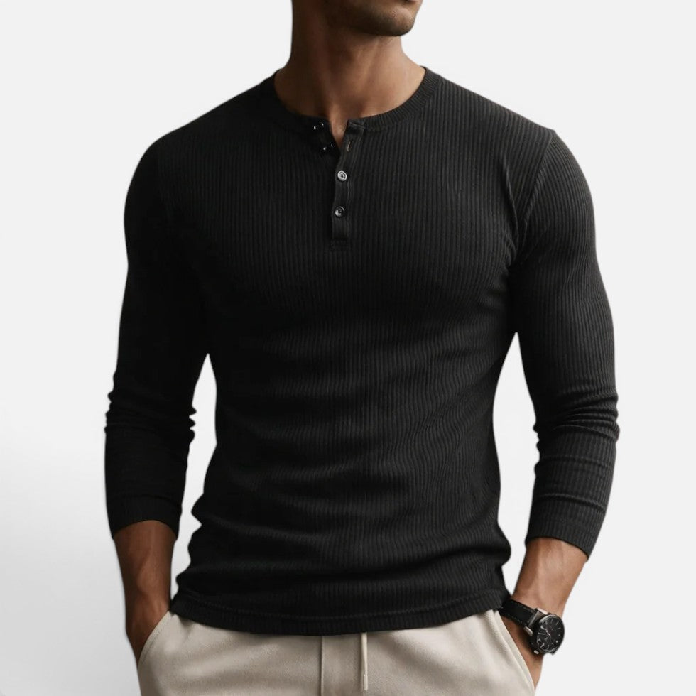 Men's ribbed long sleeve shirt with crew neckline and button placket